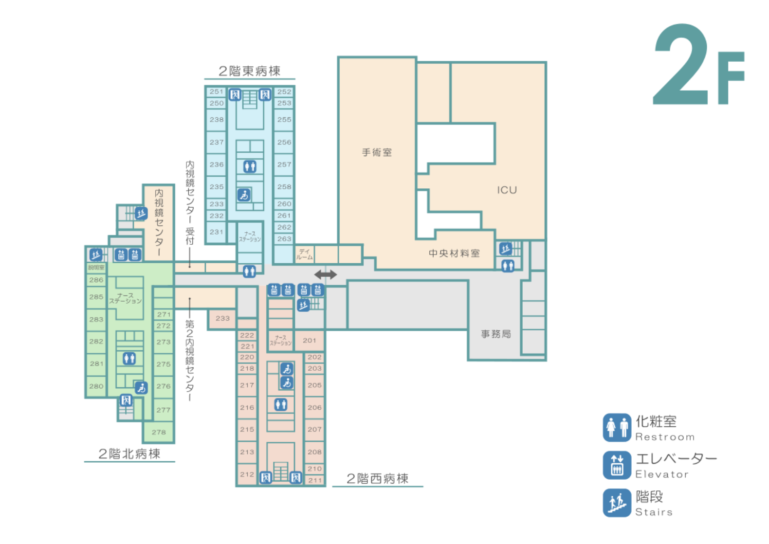 2階　内視鏡センター / 手術室 / ICU / 2階北病棟 / 2階東病棟 / 2階西病棟